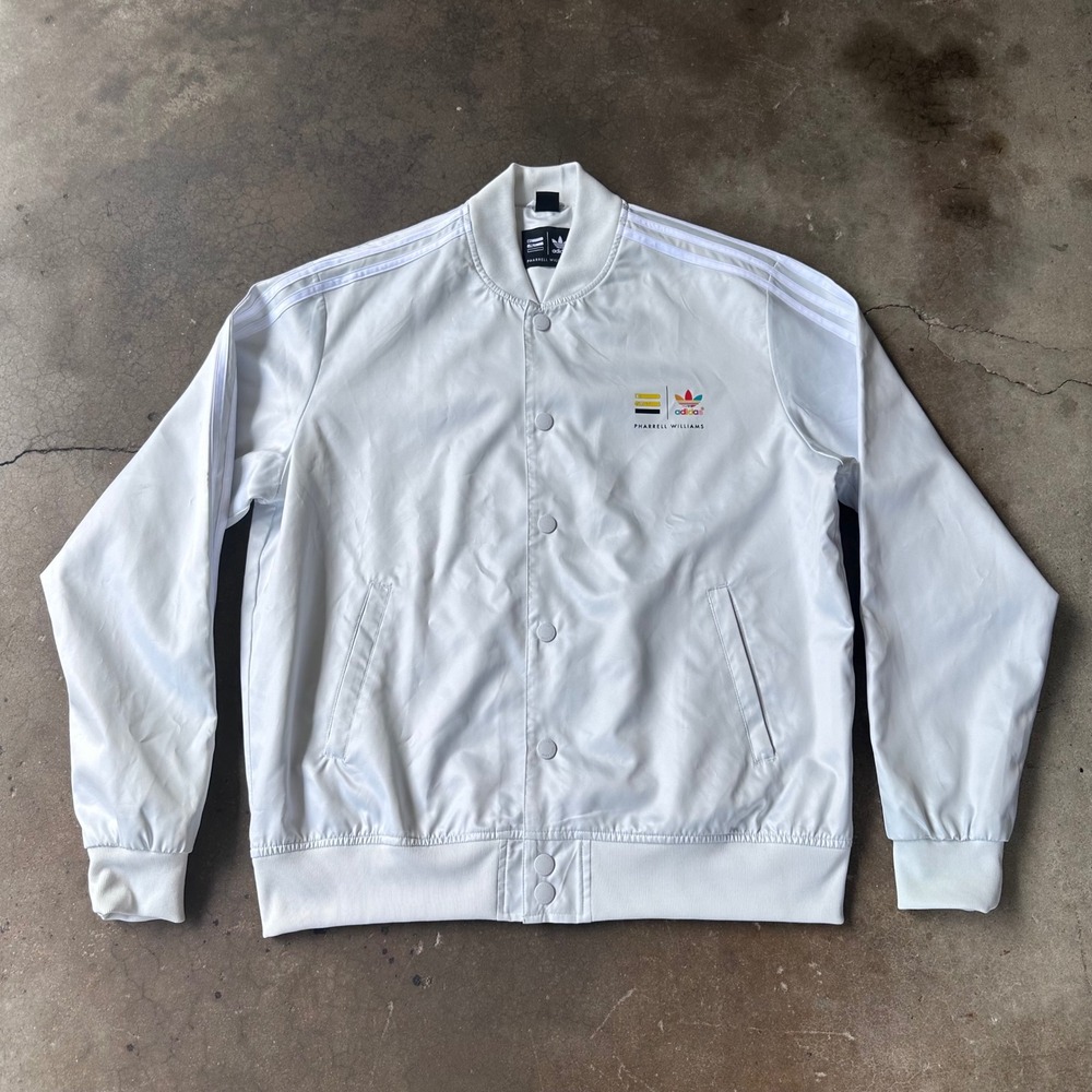 Adidas Bomber Jacket Mens XL White Pharrell Williams Hu Satin Track Jacket Y2K